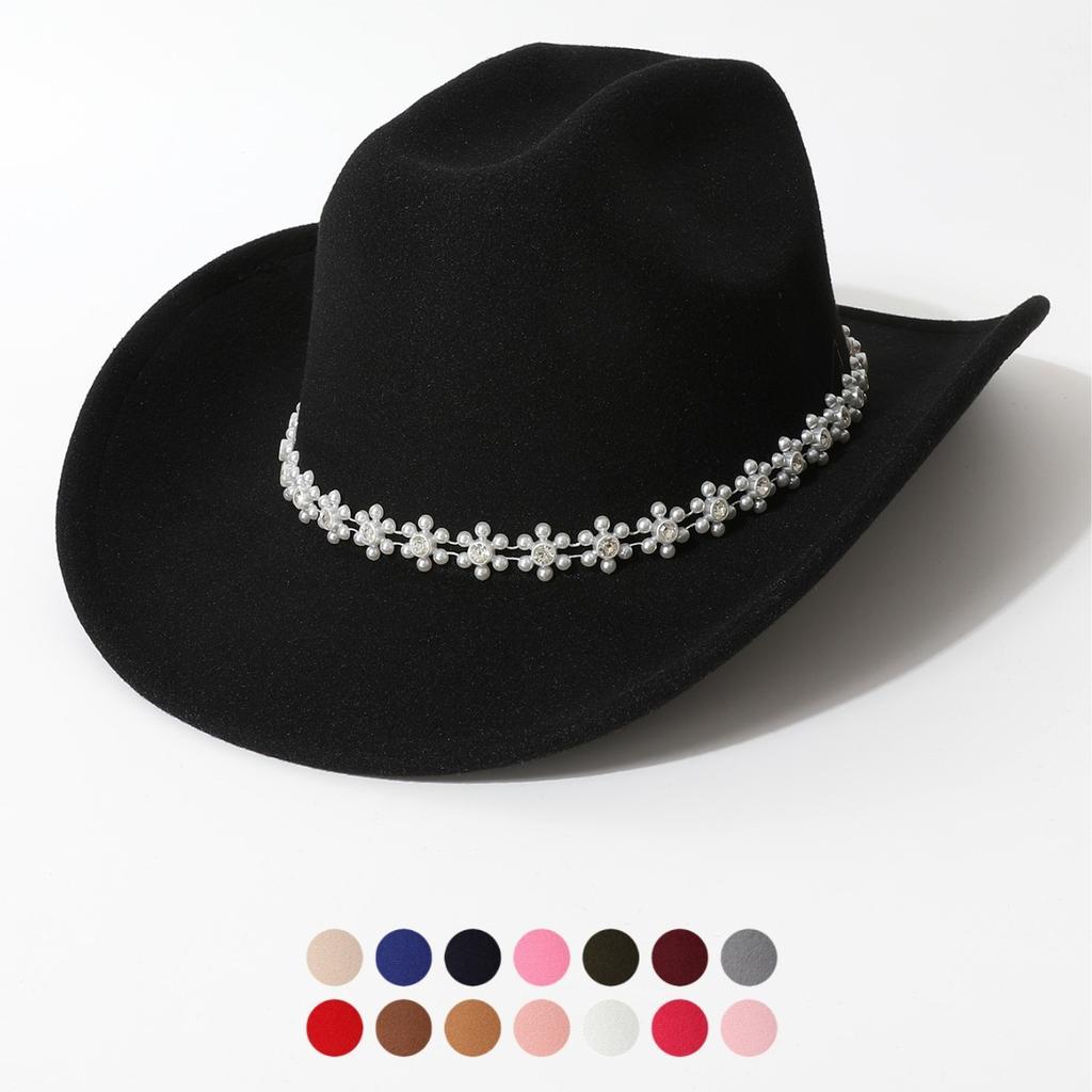 European and American solid color western denim top hat men and women travel ivory pearl rhinestone casual jazz hat