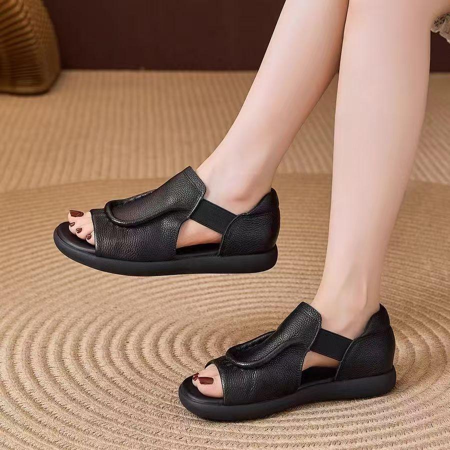 Simple and Versatile Flat-soled Sandals Women's Leather 2025 Summer New Soft Leather Hollow Open-toed Roman Sandals Elastic Band