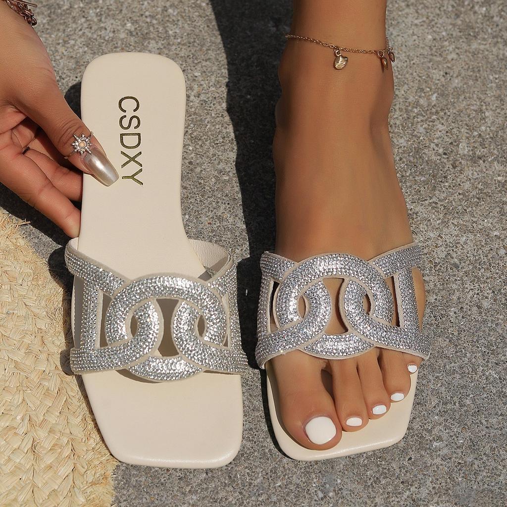 Rhinestone flat-bottomed slippers women's square head one pedal home slippers foreign trade large size FlatSlippers