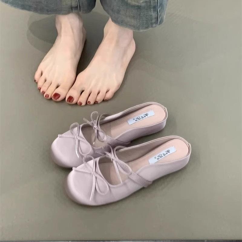 French outer half slippers inner height increase 2025 summer new gentle fairy style single shoes bow cool slippers woman