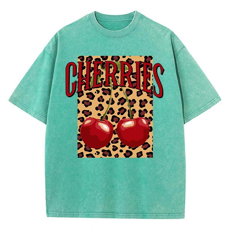 Cherry Perfection Washed T Shirt Women Cotton Leopard Prints Oversize Tops Vintage Black O-Neck T-Shirts Summer Woman Clothes