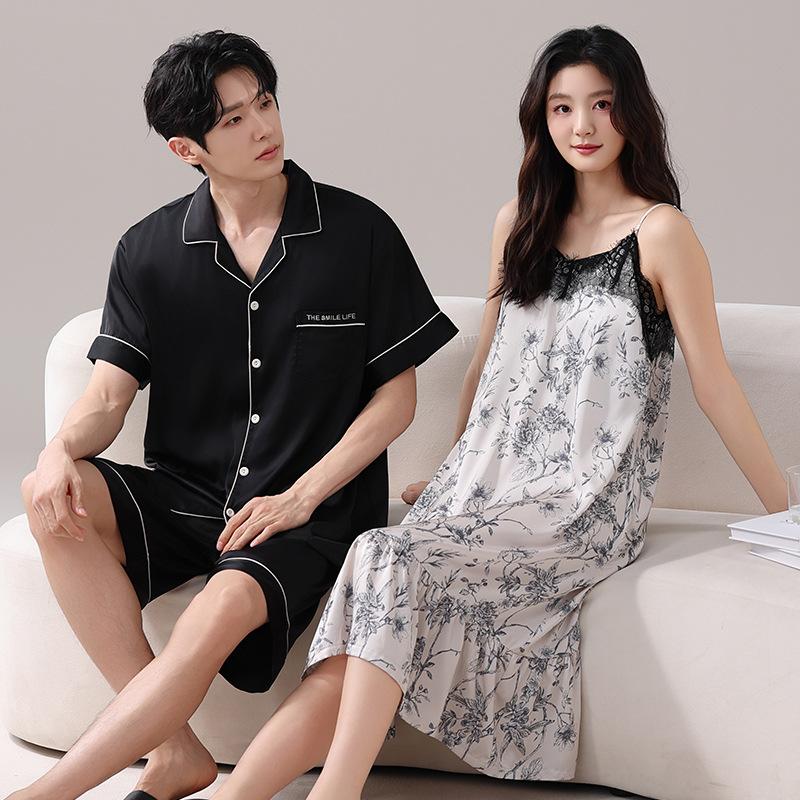 Couple Pajamas Summer Ice Silk Short Sleeves Thin Cool Type One Man and One Woman Suspender Nightdress Sexy Silk Loungewear