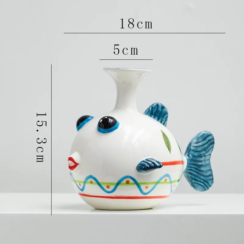 

Ceramic Vase Cartoon Fish Hand-painted Wavy Pattern Flower Vase Colorful Fish Pot Terrarium Home Decoration Accessories
