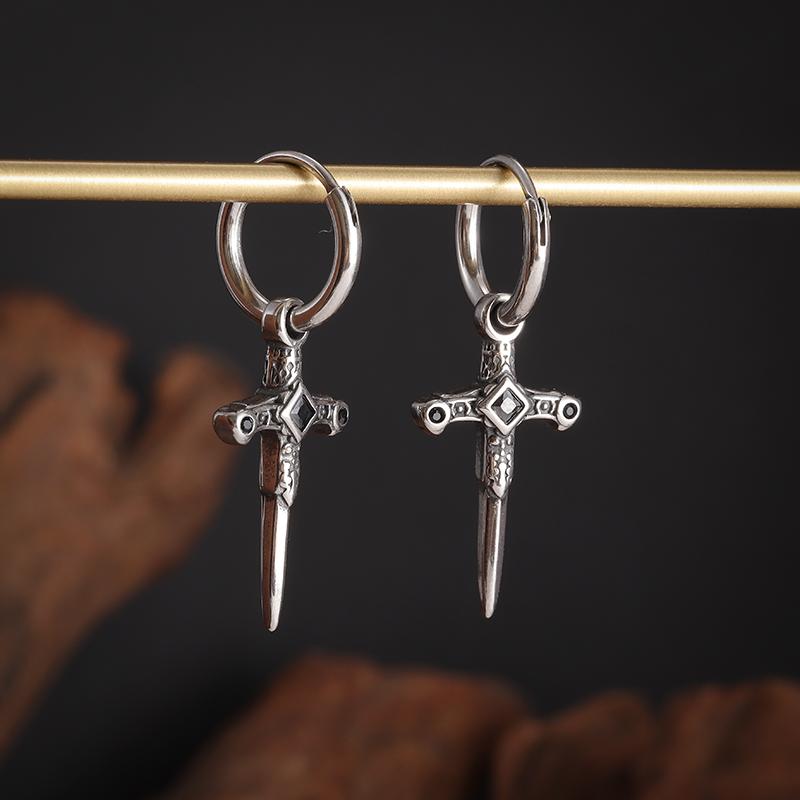 Retro Popular Hip Hop Rock Zircon Cross Sword Earrings Men Women Hypoallergenic Earrings Punk Street Party Jewelry