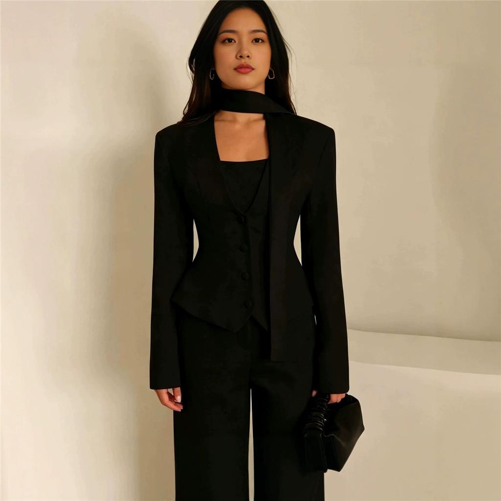 Damen V-Ausschnitt Schlanker Blazer Mit Schal-Dekoration Langarm Einfarbig Elegant Büro Geschäftsanzug Jacke