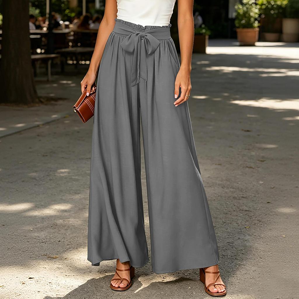 Women's High Waist Wide Leg Pants Bohemian Style Palazzo Trousers with Tie Waist and Pockets Casual Loose Fit Long Pants