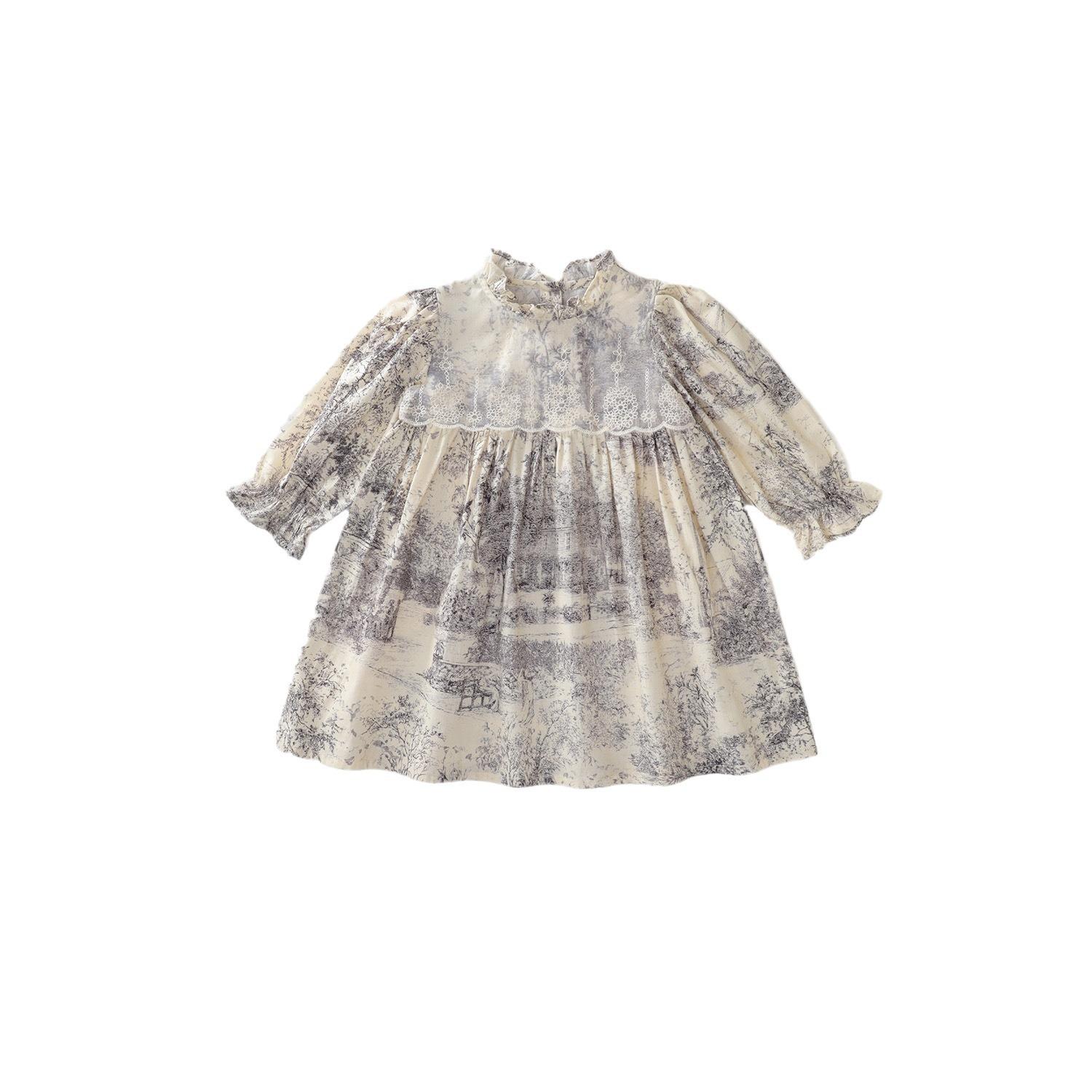 

Платье с длинным рукавом для девочек 2024 года, осеннее новое детское платье принцессы с кружевной вышивкой и пейзажем 140cm серый