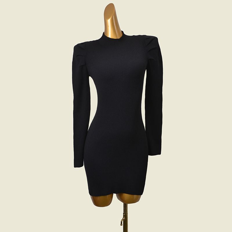 

Daily Order Puff Sleeves Long Sleeves Bodycon Dress Fashion Wind Minimalist Small Stand-up Collar Slim Fit High Elastic Knitting Dress Black S