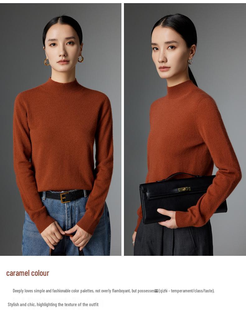 Women's High Neck Cashmere Knit Sweater: Warm, Versatile, Solid Color Pullover for Autumn and Winter.