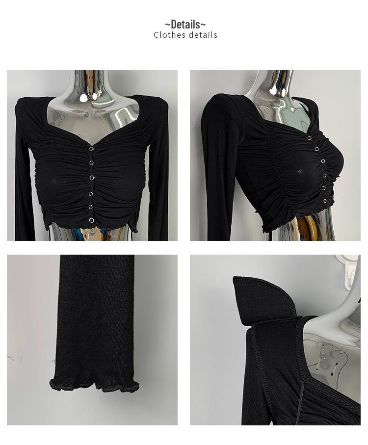 Korean Square Neck Slim Pleated Shoulder Pad Crop Top