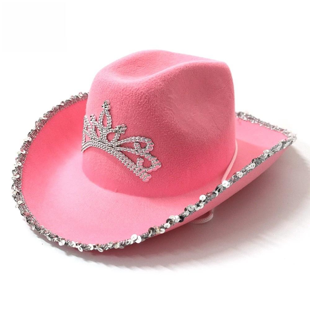 Rosa Stoff-Cowboyhut mit Sternverzierungen und leuchtender Krone für Partykleidung und Geschenke