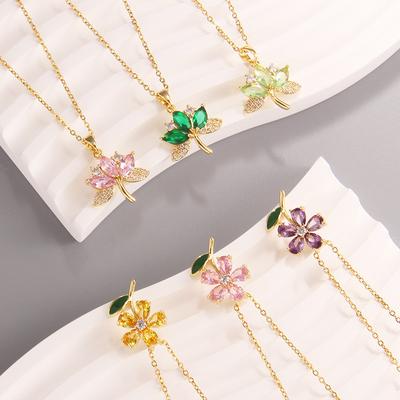 High Grade Zircon Leaf Flower Pendant Necklace Stainless Steel Plant Charms Choker Jewelry Party Gifts For Women Girls