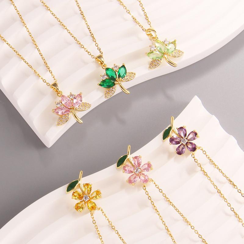 High Grade Zircon Leaf Flower Pendant Necklace Stainless Steel Plant Charms Choker Jewelry Party Gifts For Women Girls