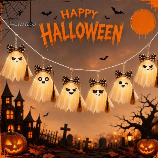 Atmosphärische Beleuchtung für Geschäfte LED Geister-Lichterketten Halloween-Dekorationen, Niedliche Hängende Gaze-Lampen Innen-Außen-Dekorationen mit Warmweiß