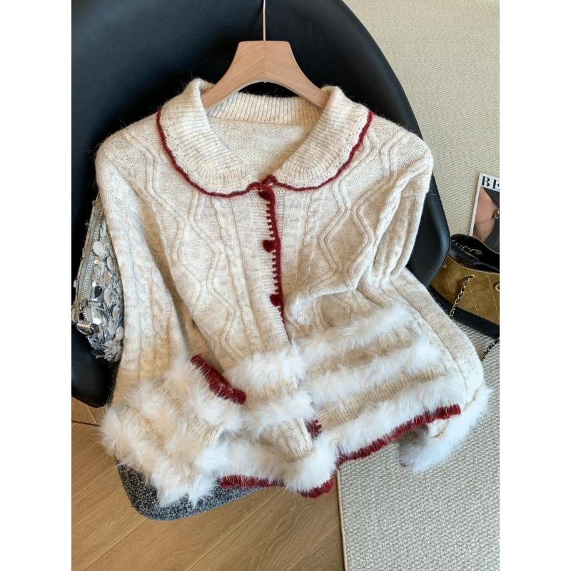 

College style doll collar love buckle twist knitted cardigan women s soft waxy sweater jacket contrasting colors and fluffy high-end sense one size fits all абрикосовий