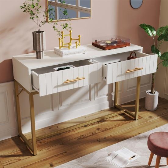 Makeup Desk Dressing Table with 2 Drawers Golden Handle Decorative Ribs Metal Frame Modern White Easy Assembly Bedroom Side Narrow Console Vanity