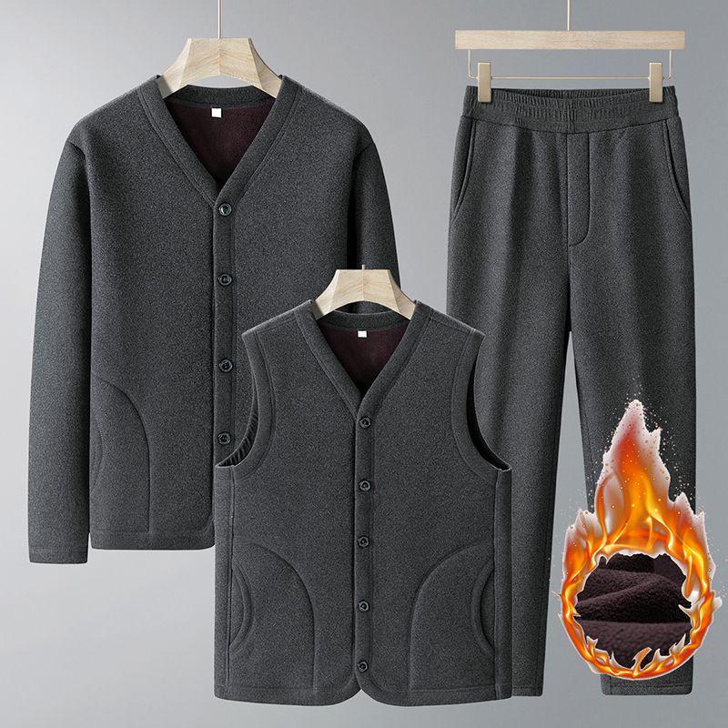 Grandpa’s Autumn & Winter Thickened Cotton Outfit: Velvet Three-Piece Set and Two-Piece Set for Middle-Aged & Elderly.