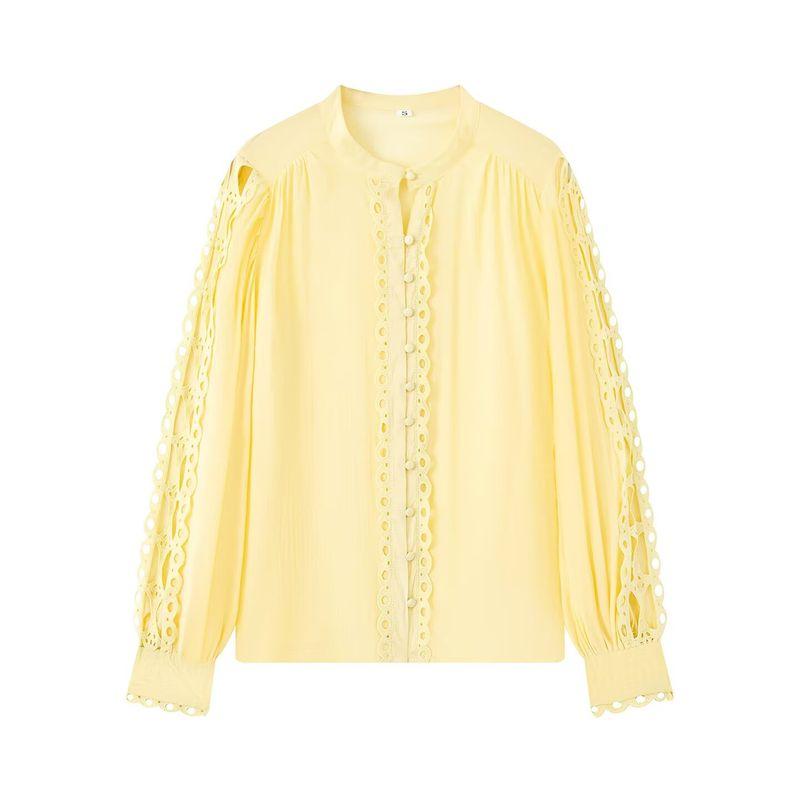 

Zbzr Autumn New Women clothes Fashion Trendy Same Tone Button Closed Lace Trim Top 1303736 Yellow L