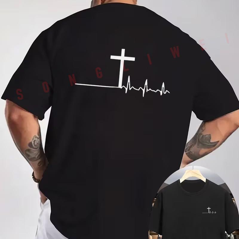 Cross Pulse Graphic Motorcycle T-Shirt Double-Sided Print Men's Short Sleeve Round Neck Casual
