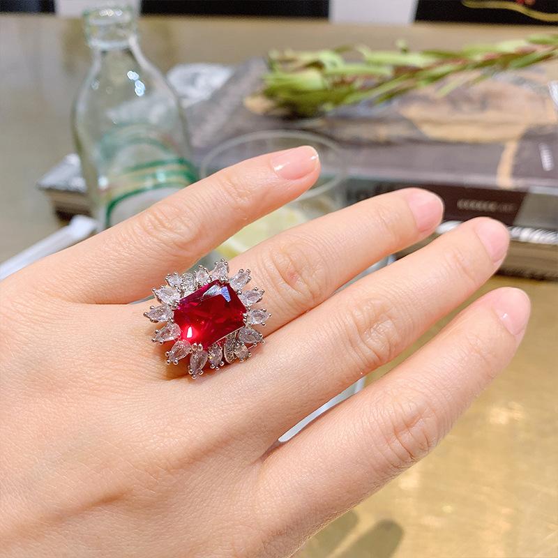 Color Jewelry Ring Red Corundum Temperament Wedding Ring Jewelry Women's Micro Diamond Open Ring Fashion