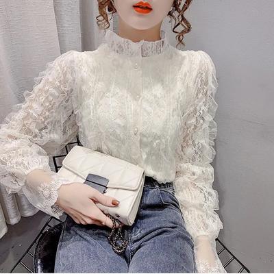 Women's Elegant and Fashionable Retro Stand-up Collar Shirt with Frilled Lace Long-sleeved Shirt, Loose Chiffon Shirt Pleated Top