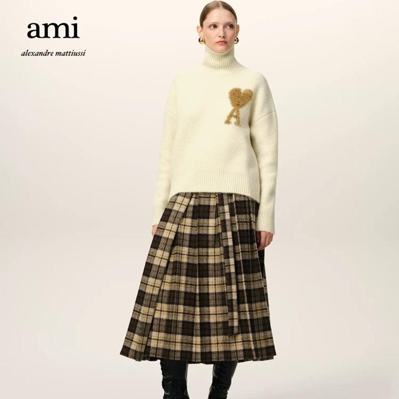 AMI 2025 Herbst und Winter Neu Gold und Silber Großes Herz Alpaka-Wolle Gemischt Weich und Klebrig Gestrickter Partner-Rollkragenpullover