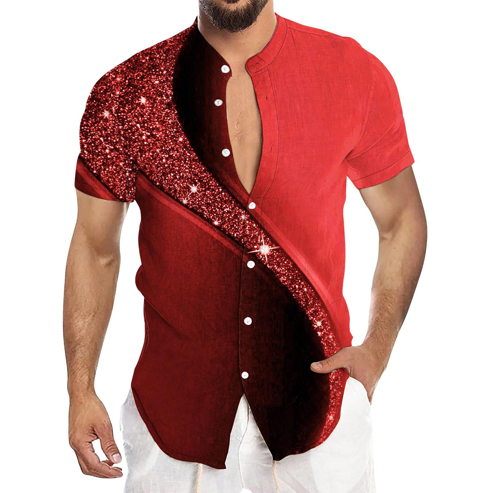 

Мужская повседневная рубашка с короткими рукавами, мужская модная рубашка с воротником-стойкой на пуговицах XL красный