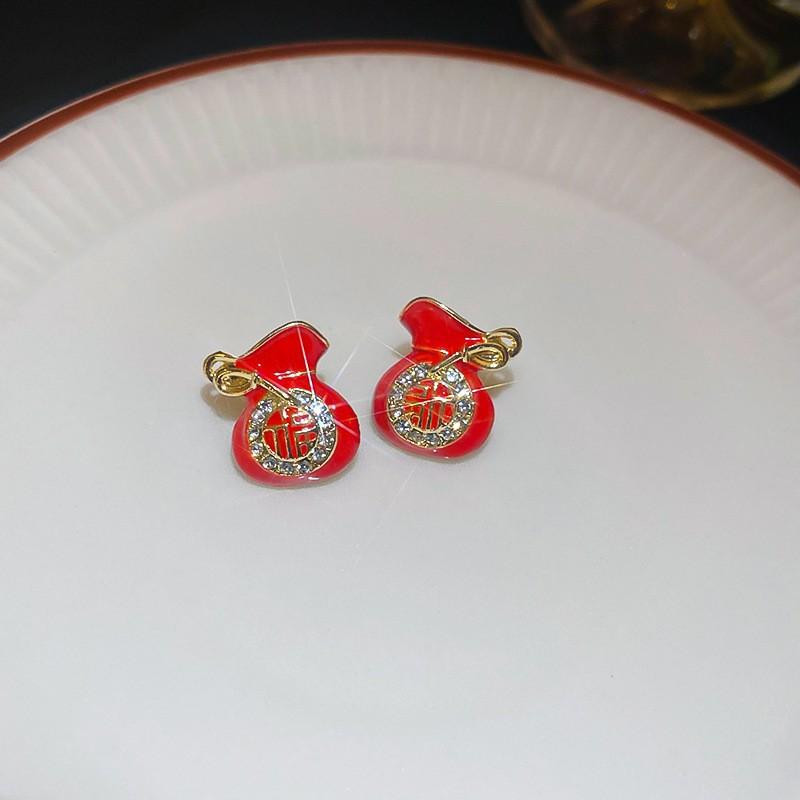 New Year's red flower flocking stud earrings women's niche earrings versatile earrings autumn and winter