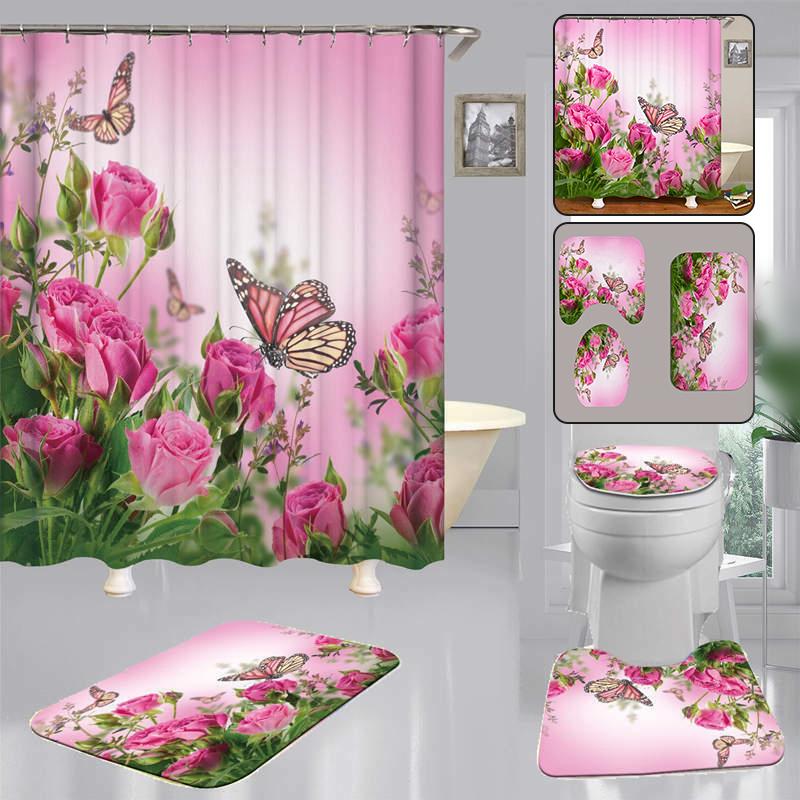 Buy US Butterfly Pink Rose Bathroom Shower Curtain Bath Rug Mat Toilet