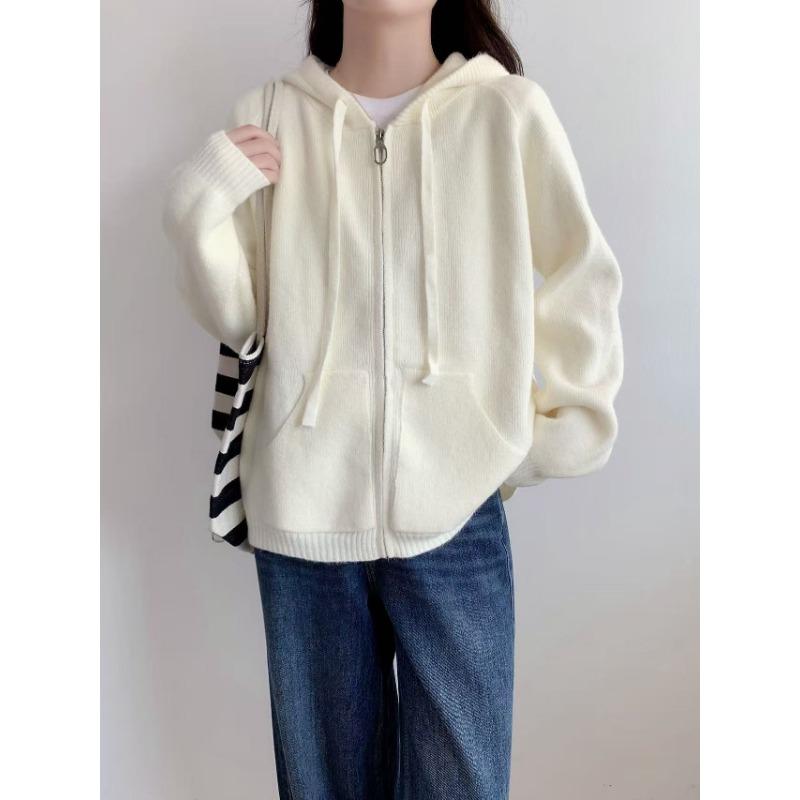 Lazy Wind Hooded Sweater Jacket Women's Autumn and Winter New Loose Casual Zipper Knitted Cardigan Jacket
