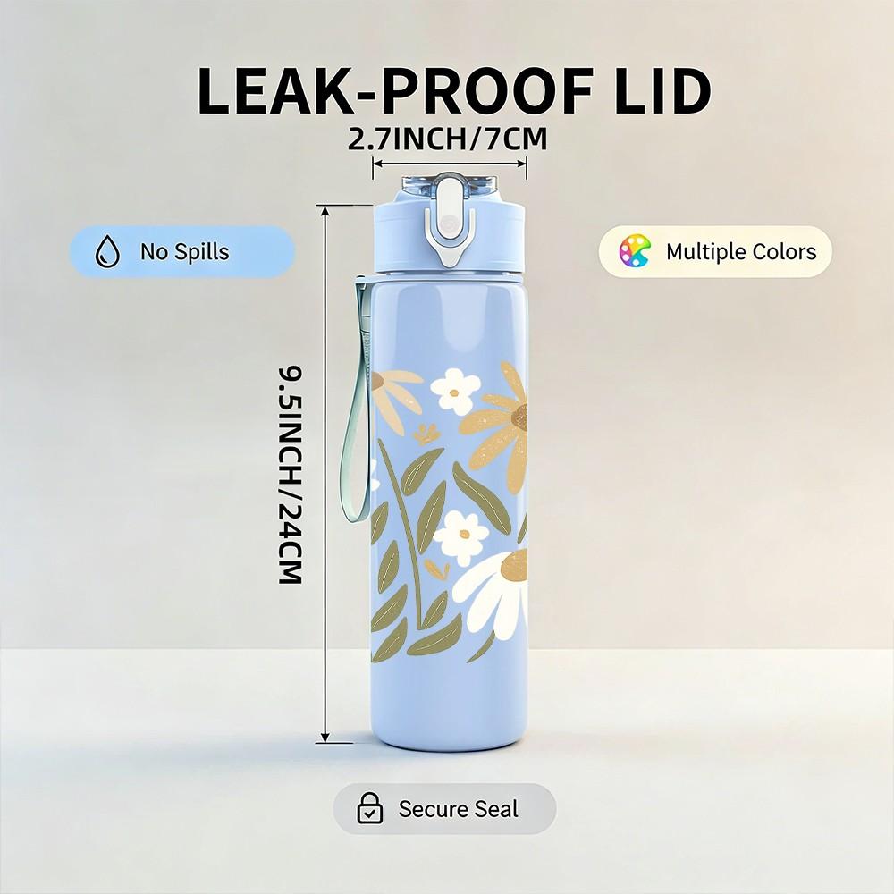 1PC Wild Daisy Bouquet Print 750ml Color Plastic Sports Water Bottle Leakproof Flip Straw Lid Suitable for Sports Office Home Use