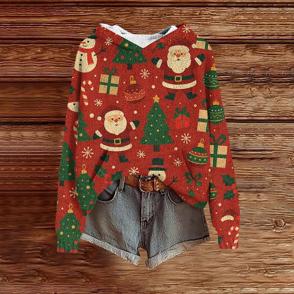 Women's Fashion Casual Long Sleeve Christmas Print Hooded Knitted Sweatshirt