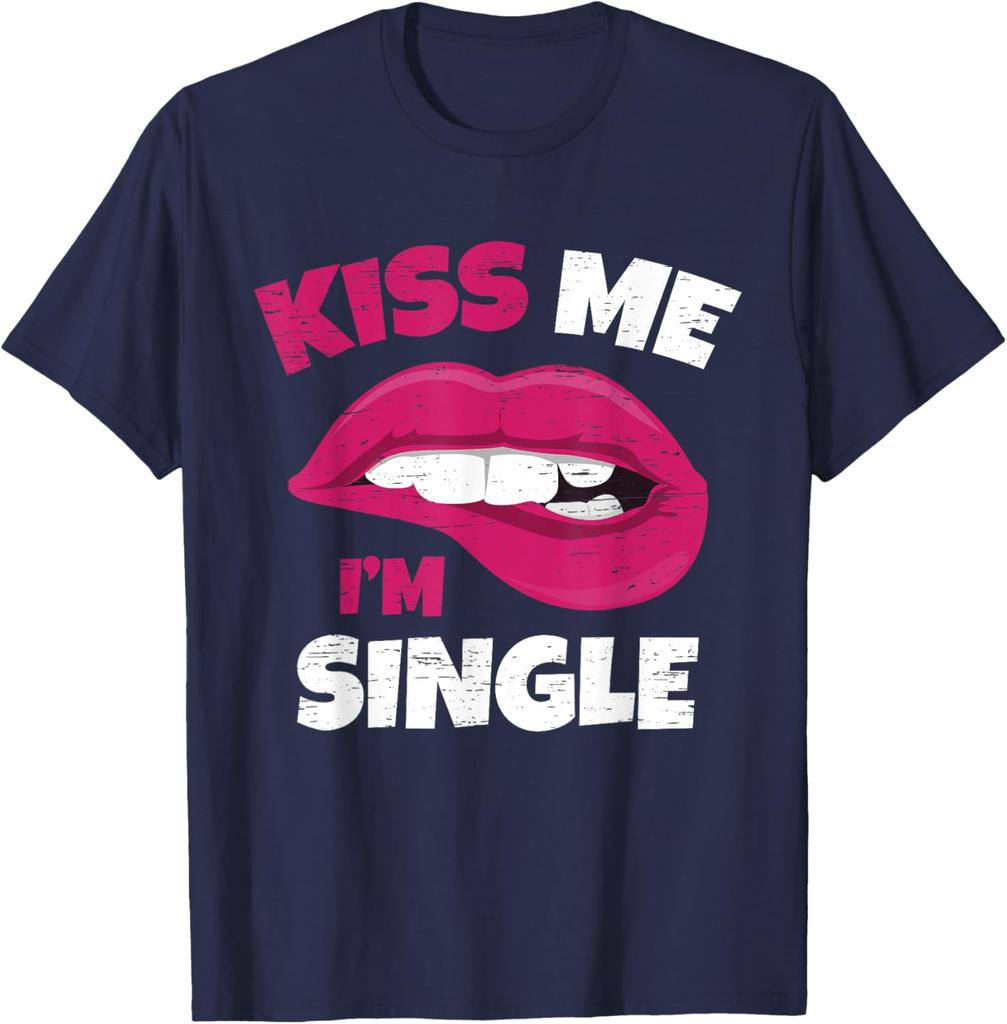 Kiss Me Im Single Lips Graphic Print Round Neck Cotton Short Sleeve T-Shirt Casual Daily Adults