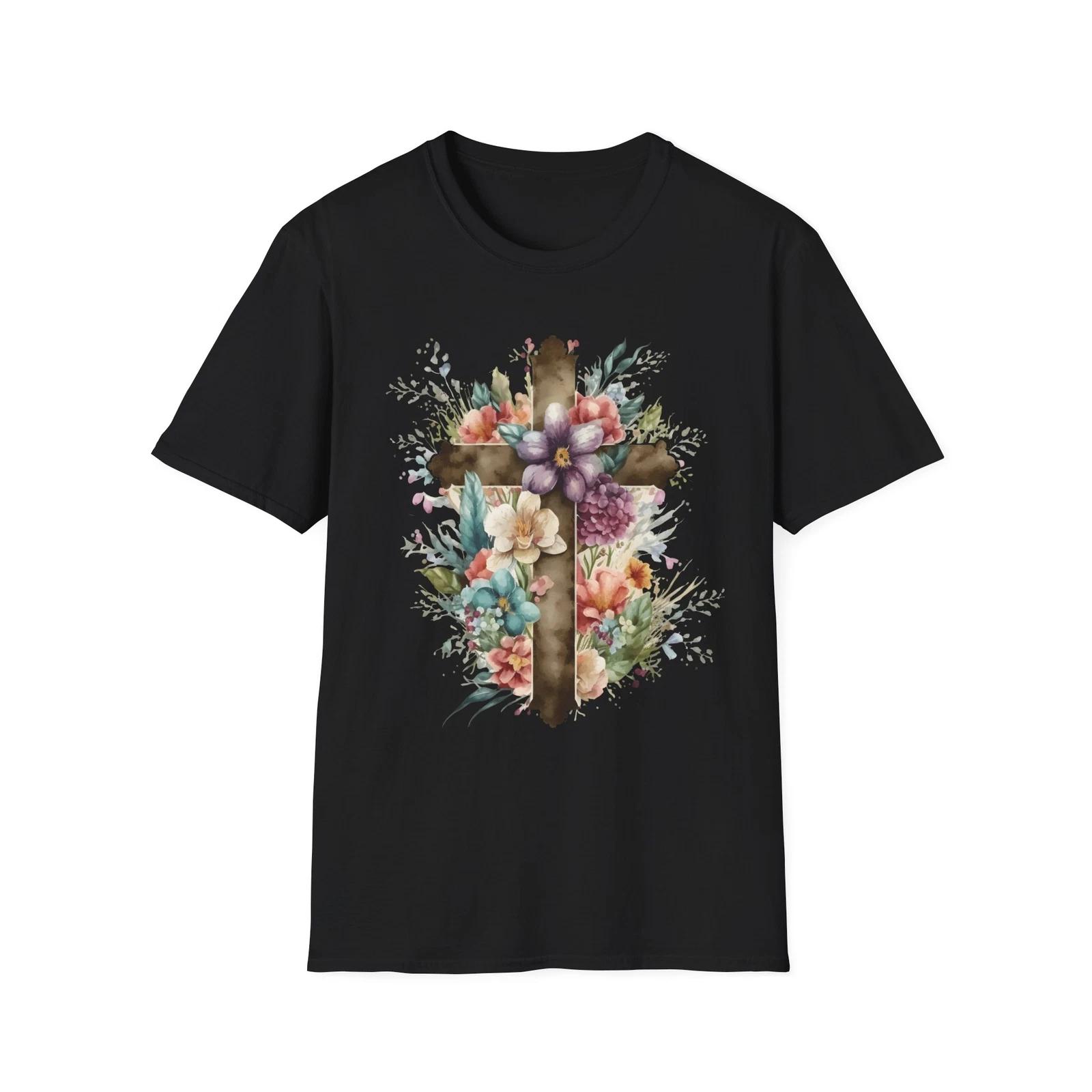 Floral Cross Graphic T-Shirt, Inspirational Faith Tee, Church Outing Shirt, 4XL