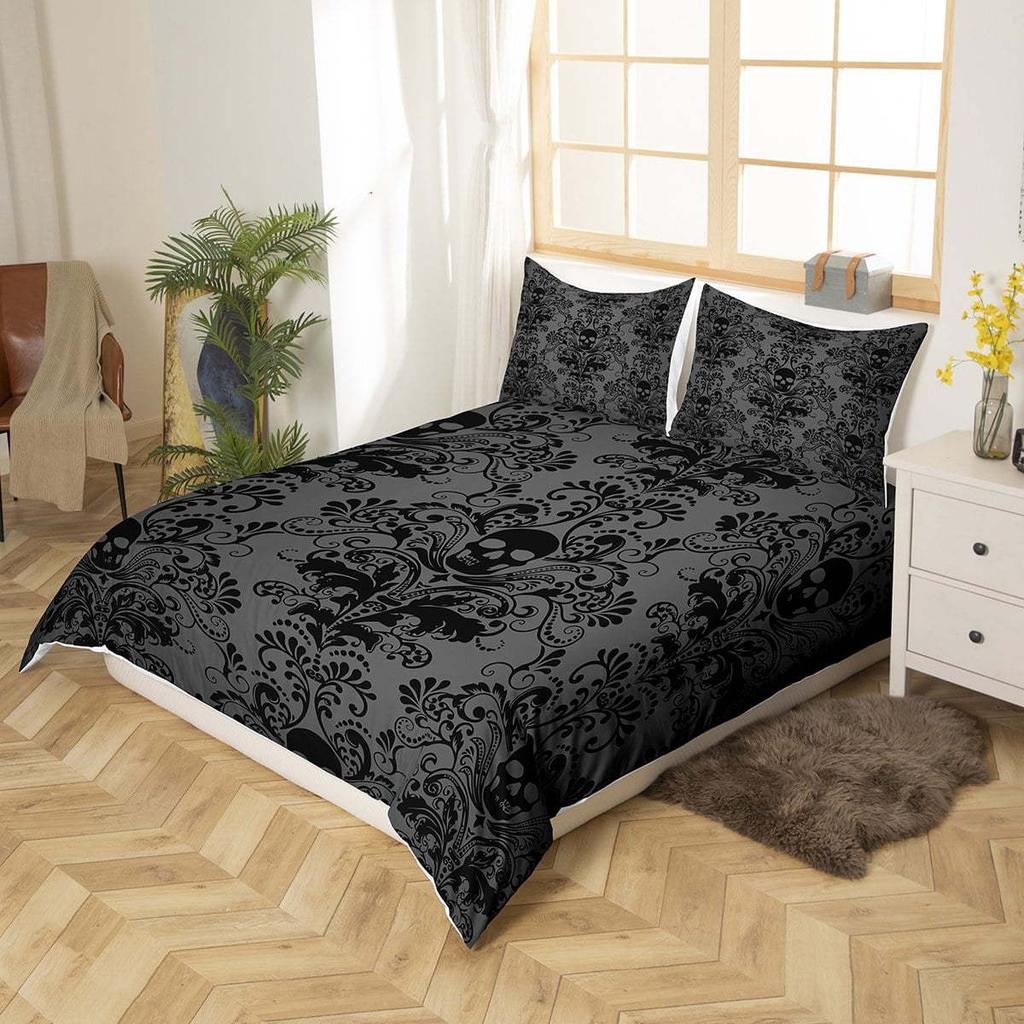 Black Flower Skull Quilt Set Three-Piece High Definition Digital Printing Duvet Set