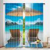 2Pcs Beach Curtain Maldives Scenic Seaside View Sunbeds Under Umbrella Romantic Honeymoon Theme