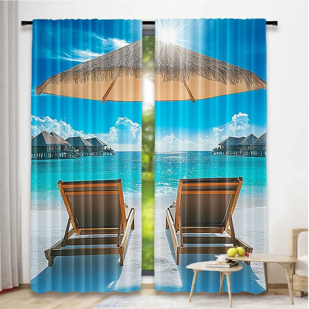 2Pcs Beach Curtain Maldives Scenic Seaside View Sunbeds Under Umbrella Romantic Honeymoon Theme