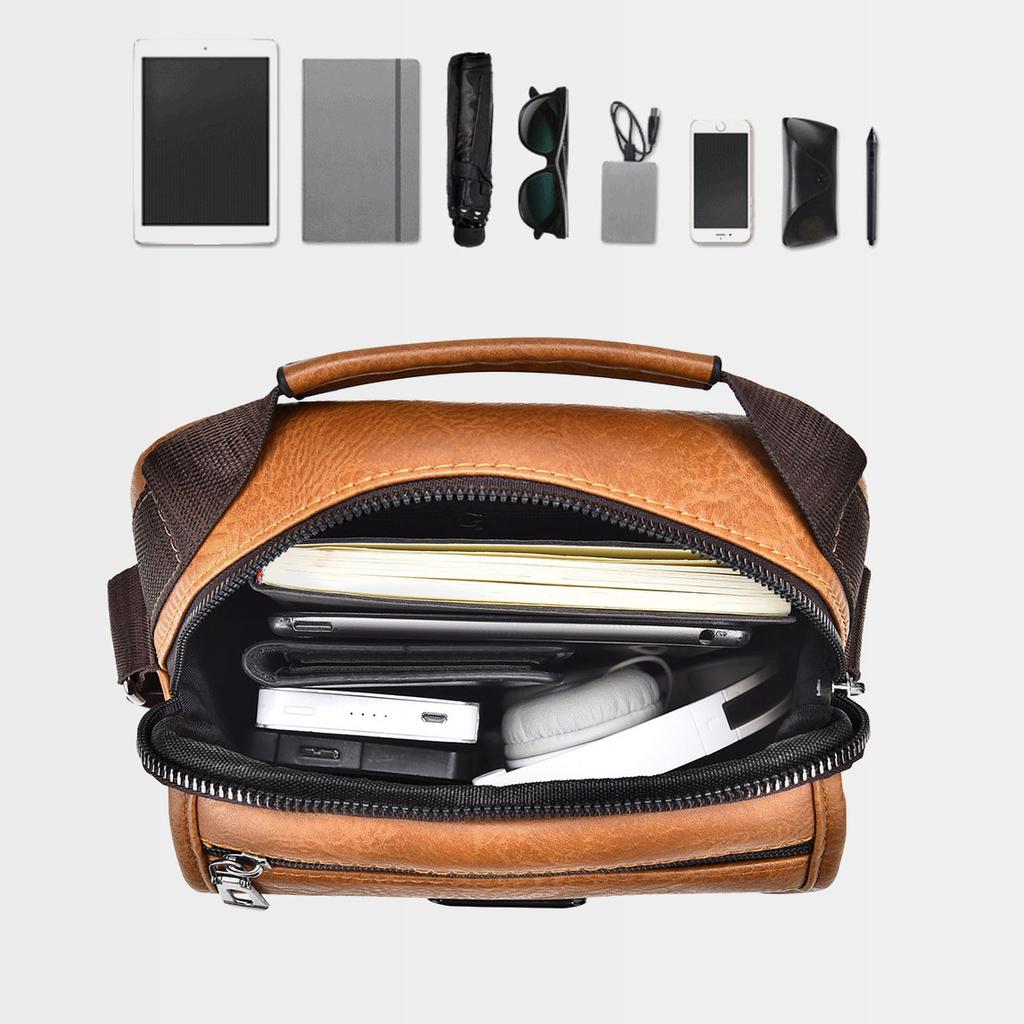 Mens Vintage Fashion Sling Bag Large Capacity Solid Pu Leather Message Bag One Shoulder Bag with Handle