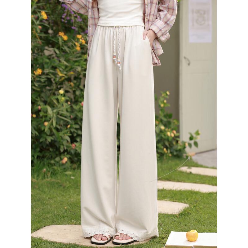 Women s Apricot Draped Wide-Leg Casual Pants L