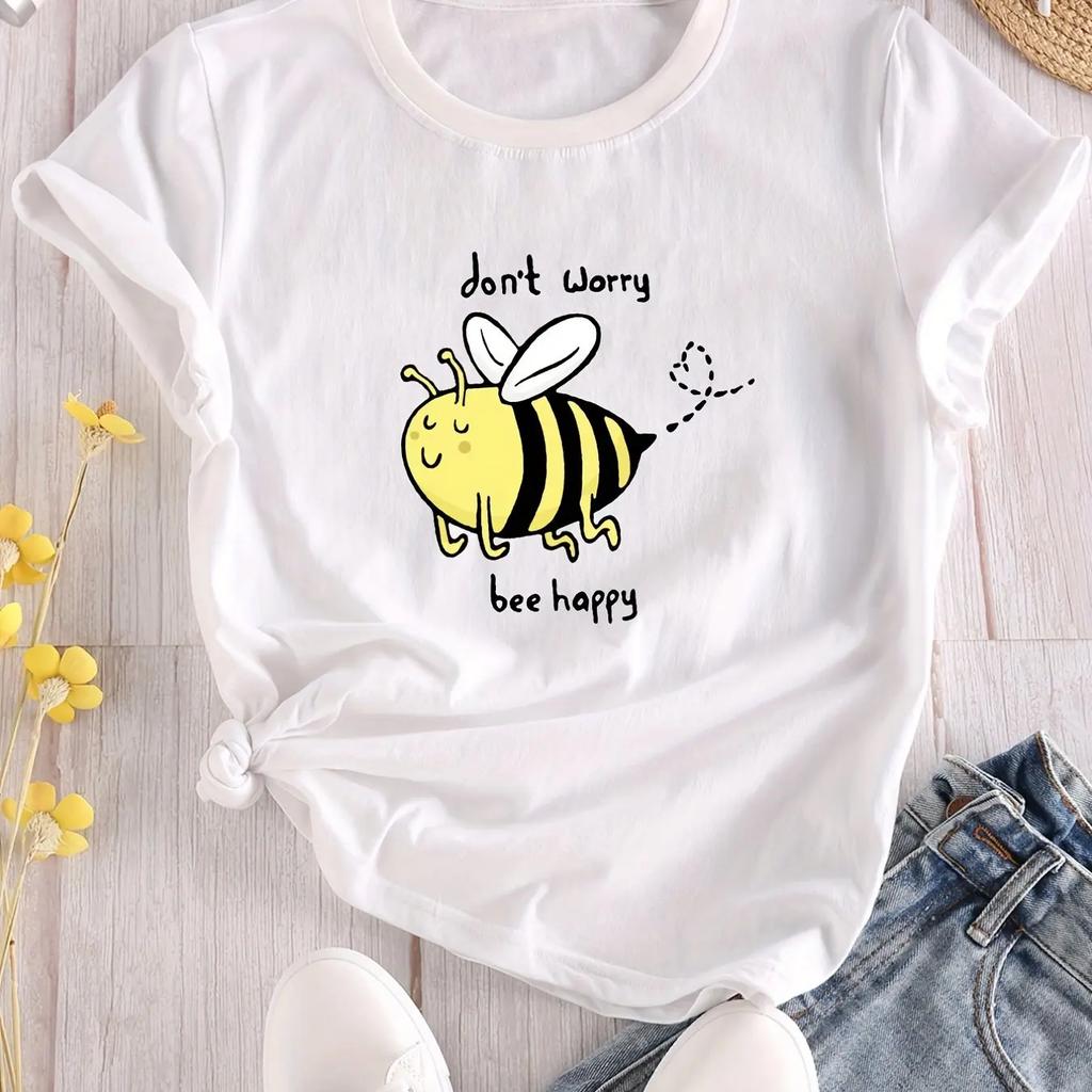 Cartoon Bee Print Crew Neck Casual Short Sleeve for Spring Summer Womens Clothing Summer Short Sleeved Harajuku Streetwear
