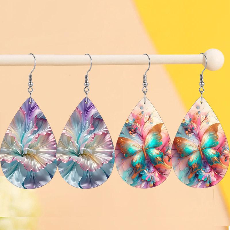 Charming Spring Summer Macaron Floral PU Earrings for women, Versatile Vivid Butterflies Double Sided Print Waterdrop Earrings