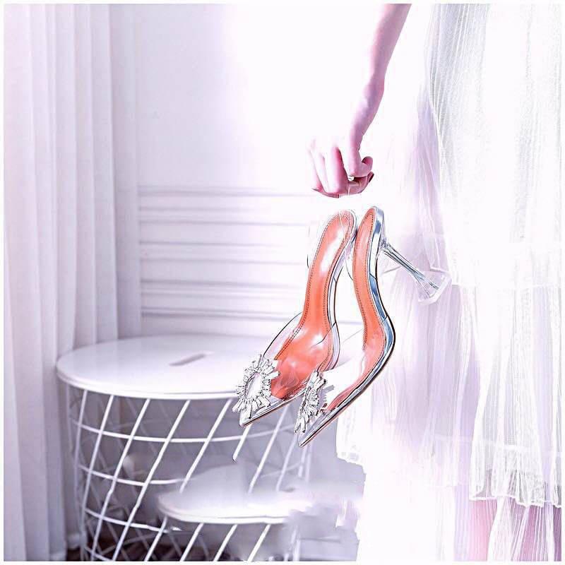 Sunflower High Heels Female Crystal With Net Red Transparent Back Strap Fine Heel Rhinestone Pointed Toe Sandal Female