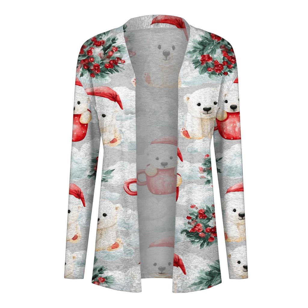 Women's Casual Christmas Print Mid-Length Open Front Cardigan Sweater for Holiday Wear