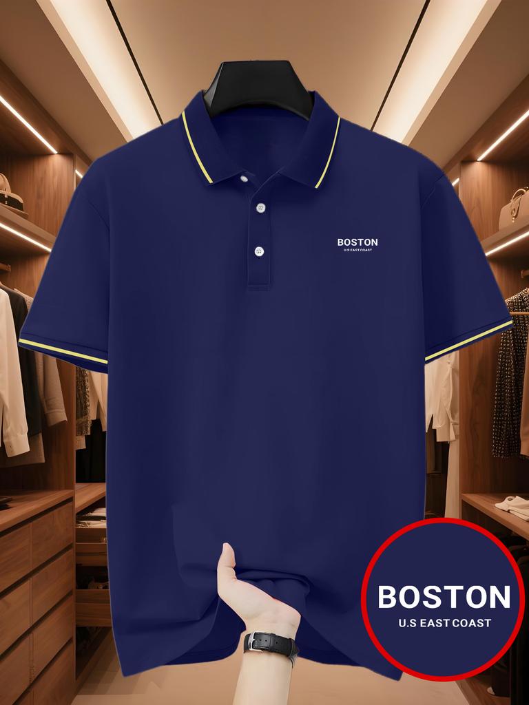 Men's Outdoor Golf Polo Shirt with BOSTON Pattern Print, Casual T-Shirt with Short-Sleeve & Collared for Business Casual Daily Wear Summer Fashion