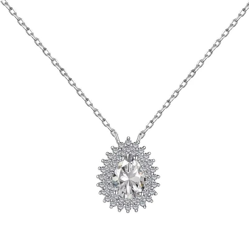 Fine Jewelry 925 Sterling Silver Cubic Zircon Double Layer White Water Drop Crystal Pendant Necklace 18inches серебряный