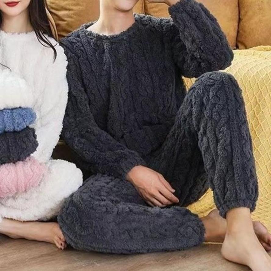 Autumn Women Solid Color Warm 2 Piece Sets Insulated Velvet Ribbed Fleece Pullover and Pants Set Female Casual Pajama Sets