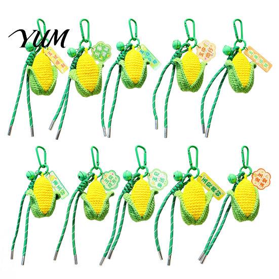 Simulated Corn Key Holder Crocheted Keychain for Backpacks, Handmade Keyring with Bell Soft Pendant & Blessing Tag, Vegetable Bag Charm Backpack