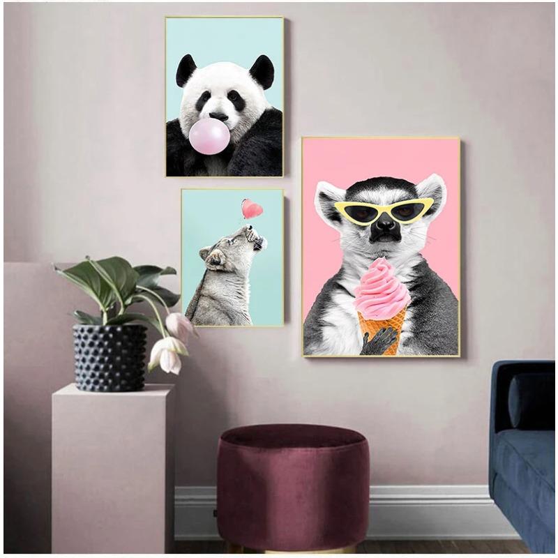 Poster und Drucke mit Giraffe, Panda und Blase, süßes Bild für Kinderzimmer, Leinwandgemälde, wasserfestes Material, ohne Rahmen