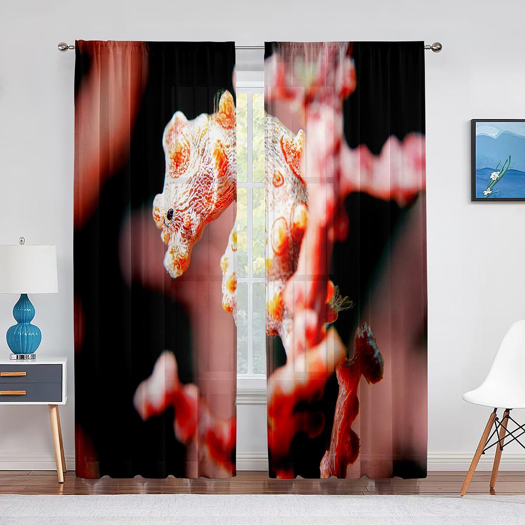 Ocean Seahorse Blue Sheer Voile Curtain Underwater Marine Life Window Tulle Curtains for Living Room Bedroom Kitchen Decoration