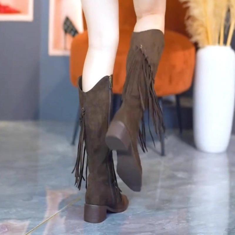 Módní dámské kozačky Semišové Dlouhá holeň Módní dámské Boční zip Silný podpatek Kozačky s třásněmi Vysoká kvalita Špičaté Nízký podpatek Kozačky Botas Mujer